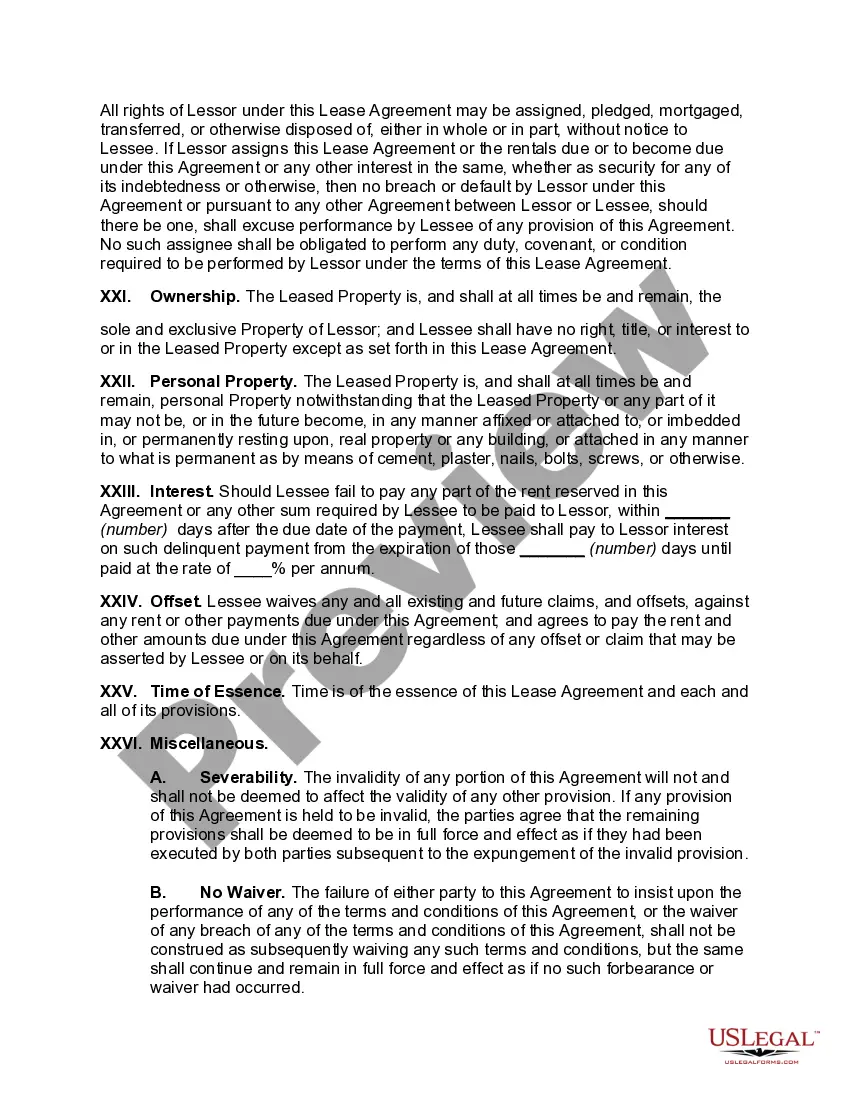 Preview Personal Property Lease of Machinery and Equipment