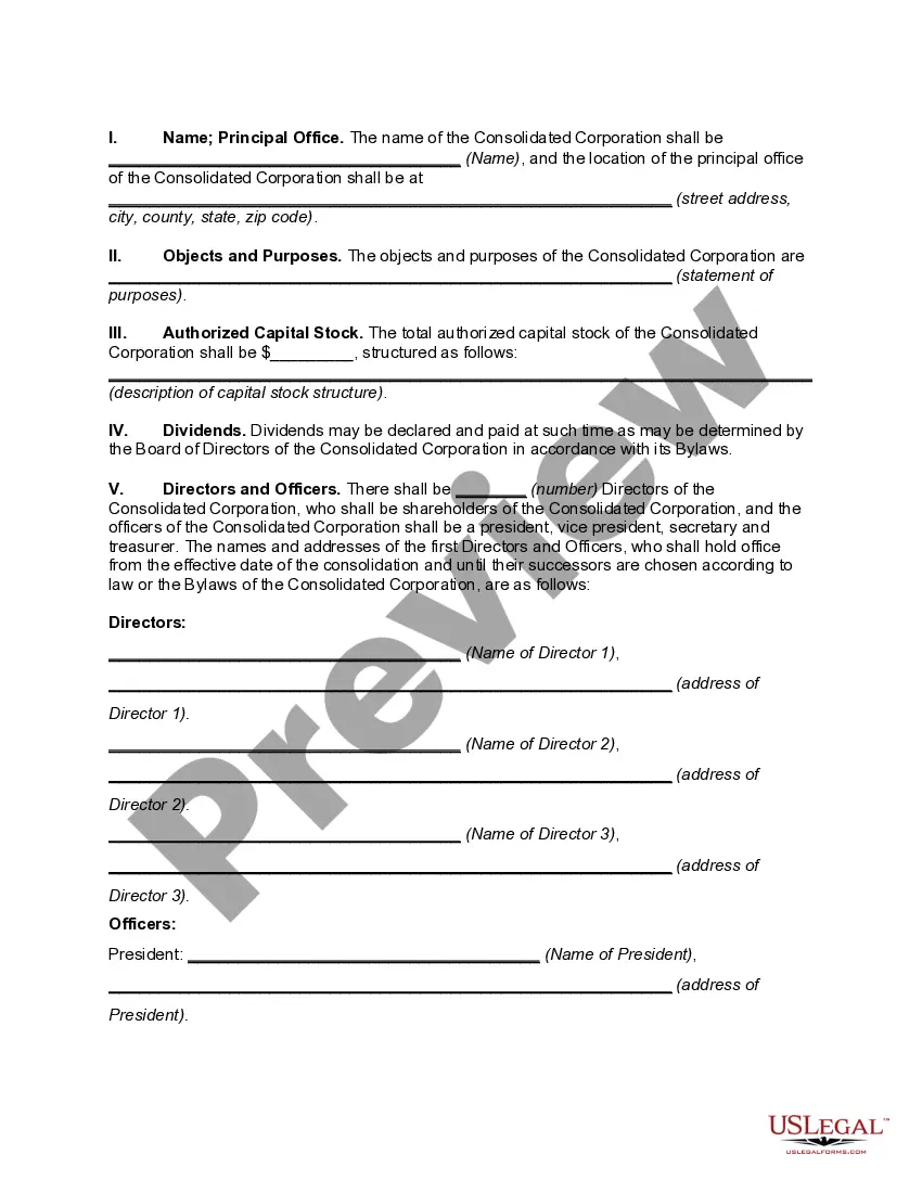 Preview Consolidation Agreement Between Two Corporations