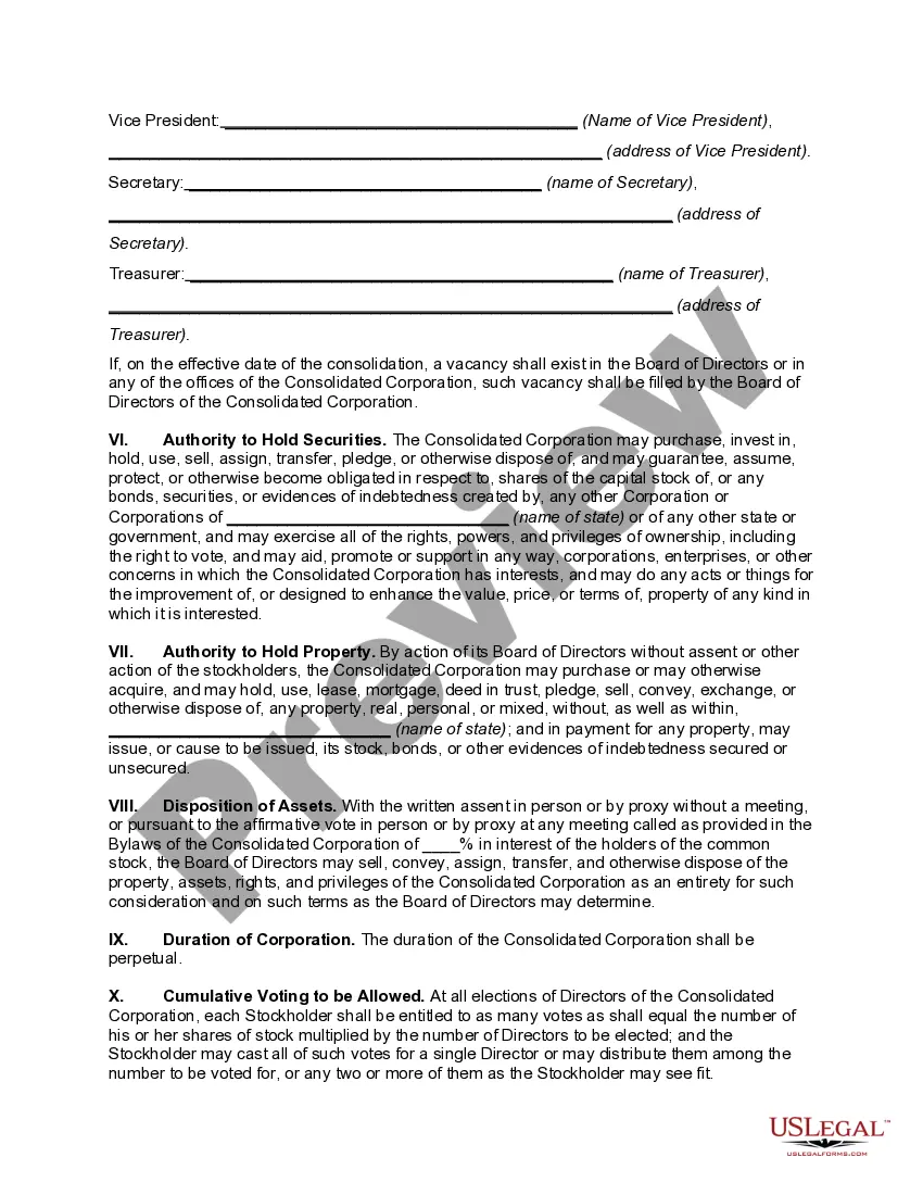 Preview Consolidation Agreement Between Two Corporations