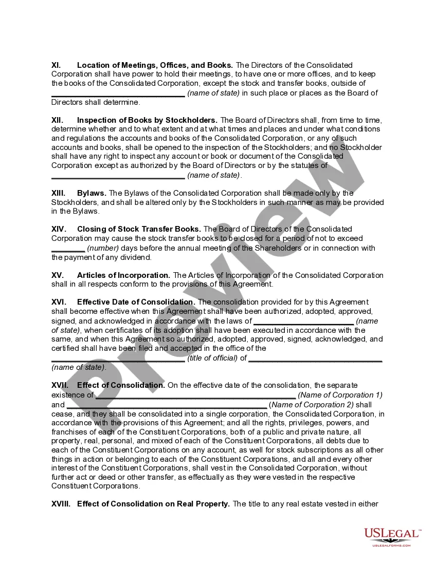 Preview Consolidation Agreement Between Two Corporations