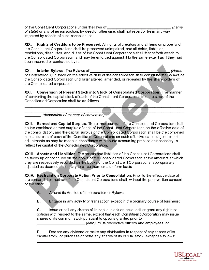 Preview Consolidation Agreement Between Two Corporations