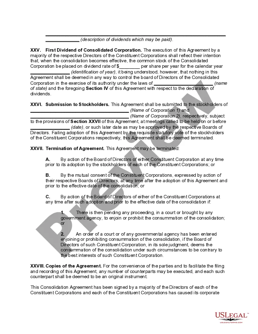 Preview Consolidation Agreement Between Two Corporations