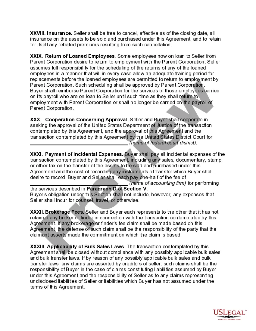 Preview Agreement for the Sale and Purchase of Assets of Subsidiary Corporation with Guarantee of Performance by Parent Corporation