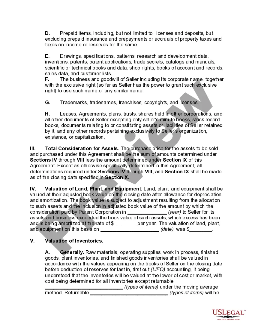 Preview Agreement for the Sale and Purchase of Assets of Subsidiary Corporation with Guarantee of Performance by Parent Corporation