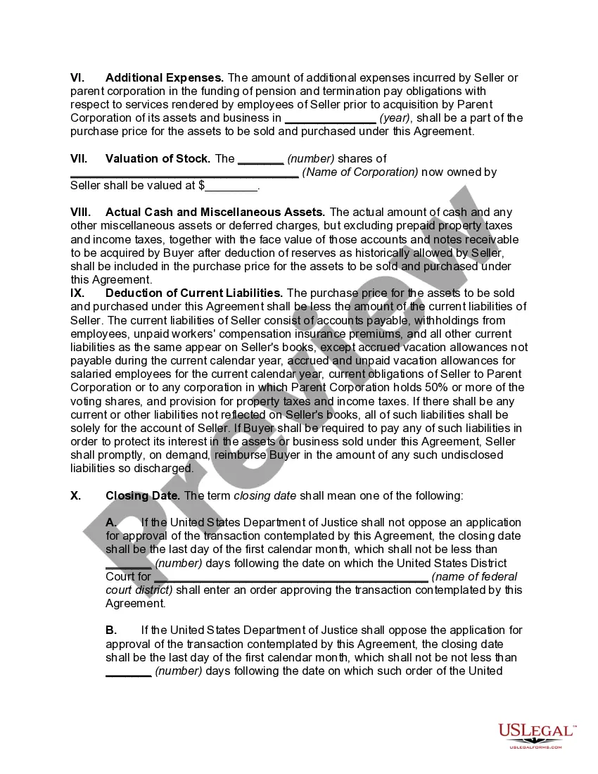 Preview Agreement for the Sale and Purchase of Assets of Subsidiary Corporation with Guarantee of Performance by Parent Corporation