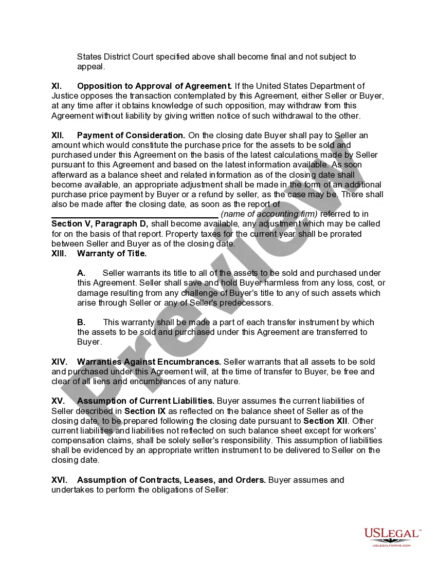 Preview Agreement for the Sale and Purchase of Assets of Subsidiary Corporation with Guarantee of Performance by Parent Corporation