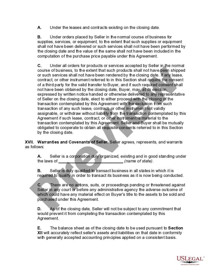 Preview Agreement for the Sale and Purchase of Assets of Subsidiary Corporation with Guarantee of Performance by Parent Corporation