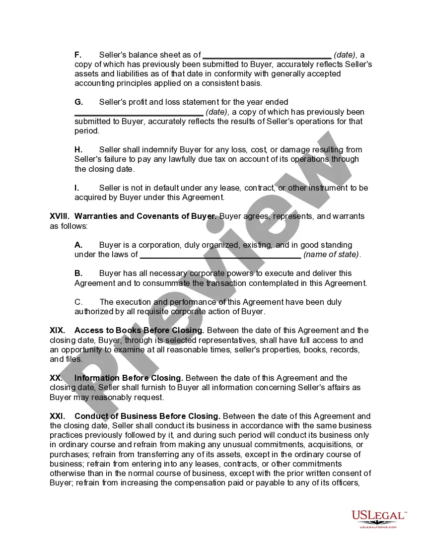 Preview Agreement for the Sale and Purchase of Assets of Subsidiary Corporation with Guarantee of Performance by Parent Corporation