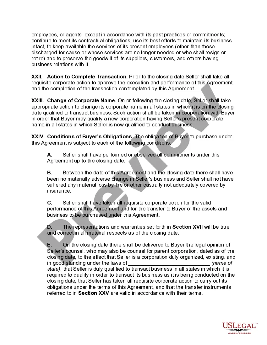 Preview Agreement for the Sale and Purchase of Assets of Subsidiary Corporation with Guarantee of Performance by Parent Corporation
