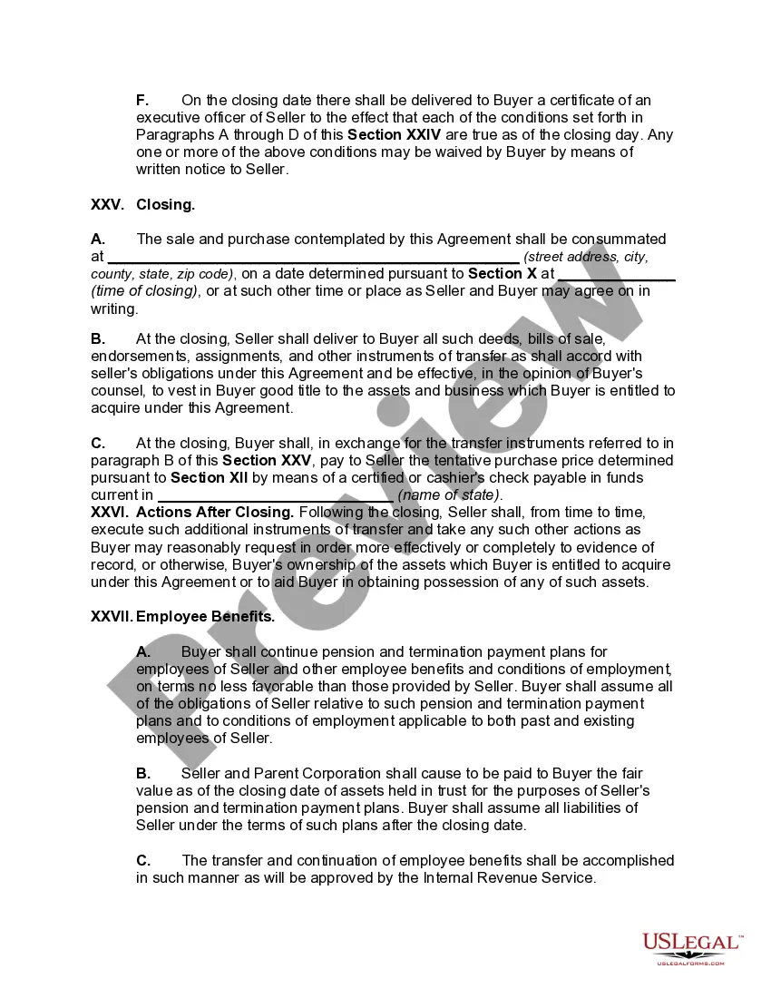 Preview Agreement for the Sale and Purchase of Assets of Subsidiary Corporation with Guarantee of Performance by Parent Corporation
