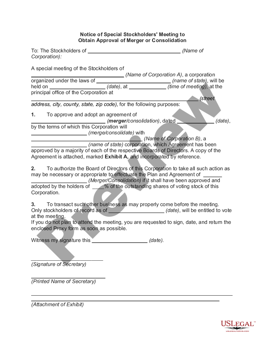 Notice Of Special Stockholders' Meeting To Obtain Approval Of Merger Or ...