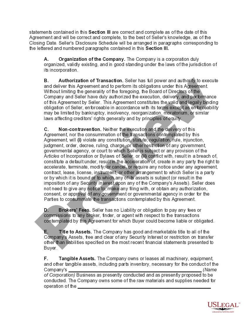 Preview Acquisition of S Corporation (Stock Purchase Agreement) -- Seller is Sole Owner of all Shares of Corporation