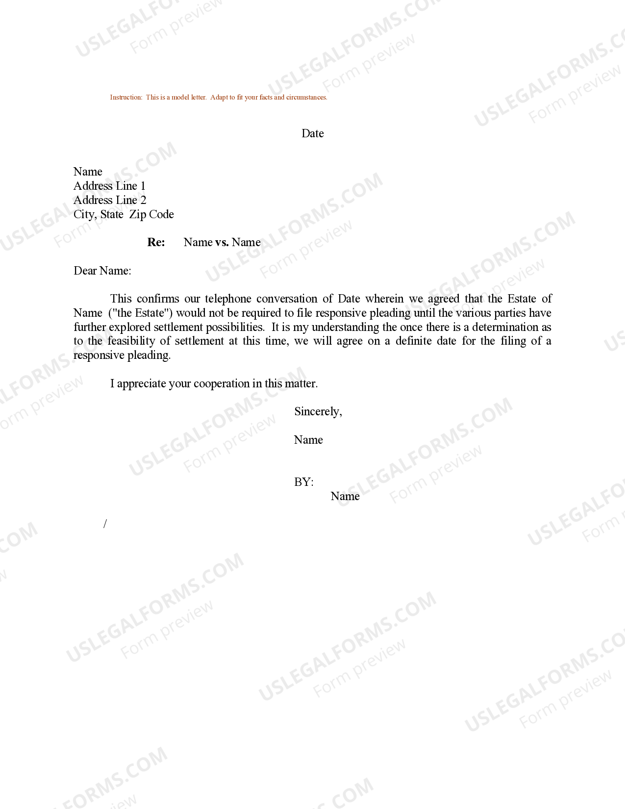 Philadelphia Pennsylvania Sample Letter for Estate Settlement