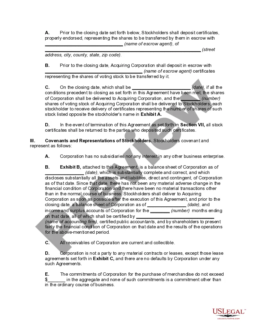 Get Agreement for the Transfer of Stock in Exchange for Voting Stock of Acquiring Corporation (Type B Reorganization) Preview Agreement for the Transfer of Stock in Exchange for Voting Stock of Acquiring Corporation (Type B Reorganization)
