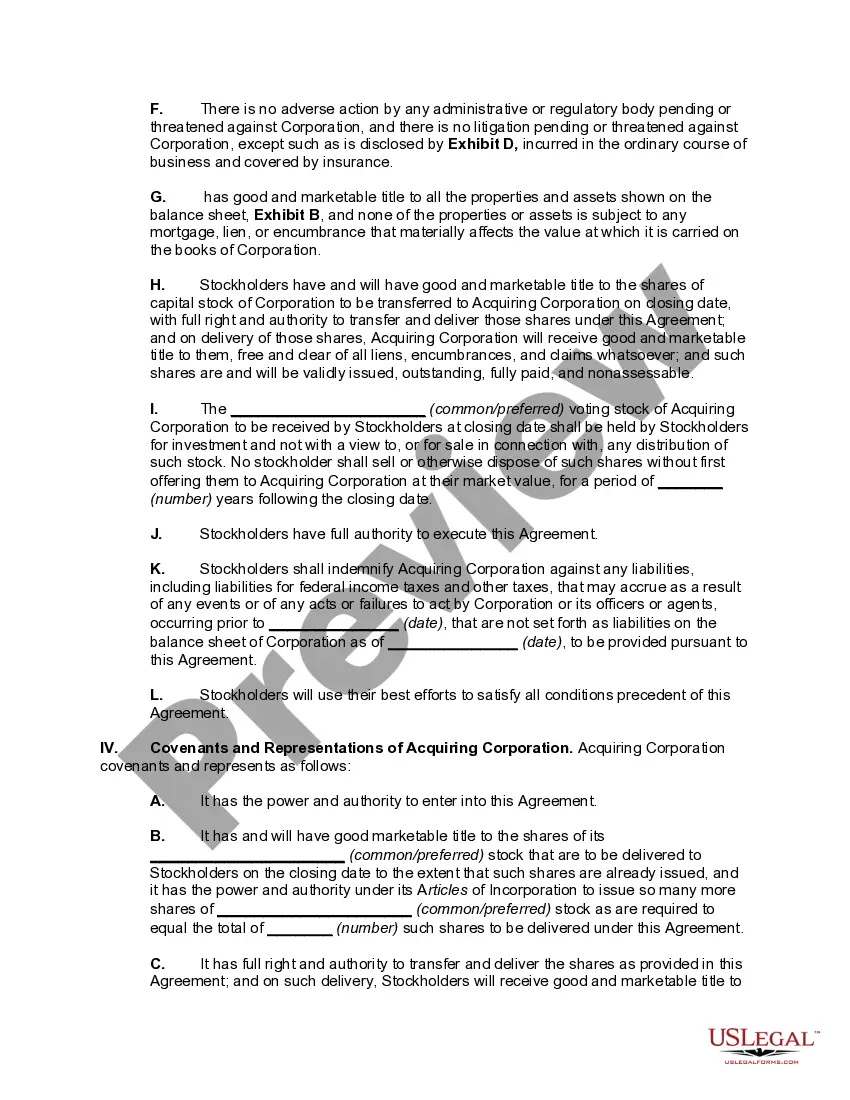 Get Agreement for the Transfer of Stock in Exchange for Voting Stock of Acquiring Corporation (Type B Reorganization) Preview Agreement for the Transfer of Stock in Exchange for Voting Stock of Acquiring Corporation (Type B Reorganization)