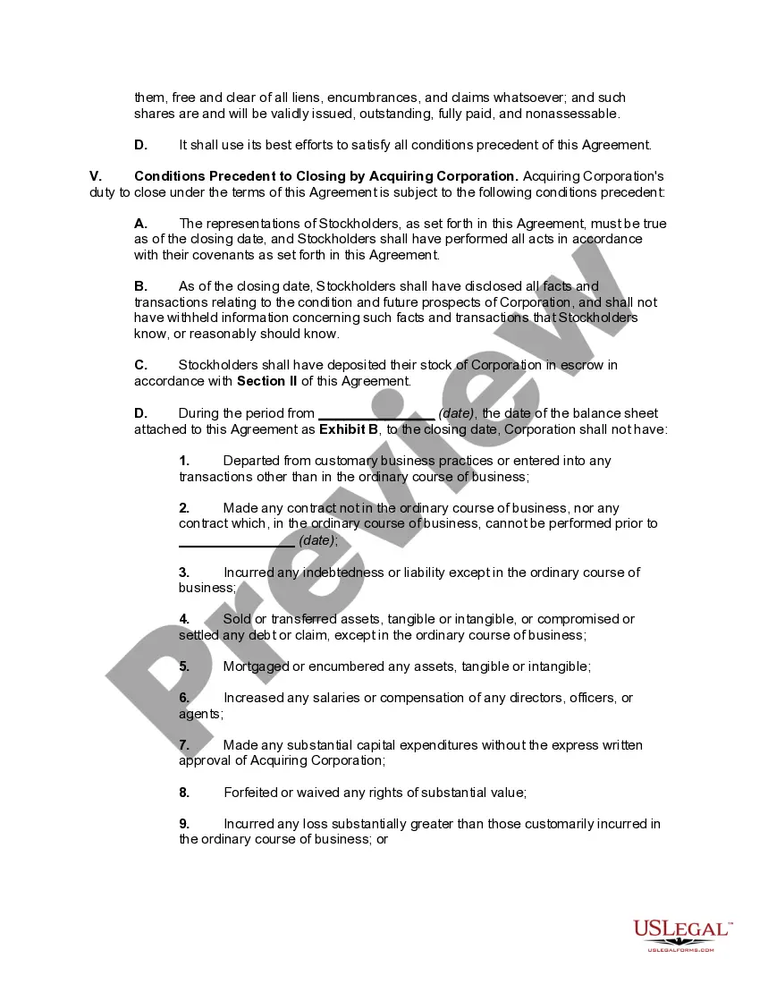 Get Agreement for the Transfer of Stock in Exchange for Voting Stock of Acquiring Corporation (Type B Reorganization) Preview Agreement for the Transfer of Stock in Exchange for Voting Stock of Acquiring Corporation (Type B Reorganization)