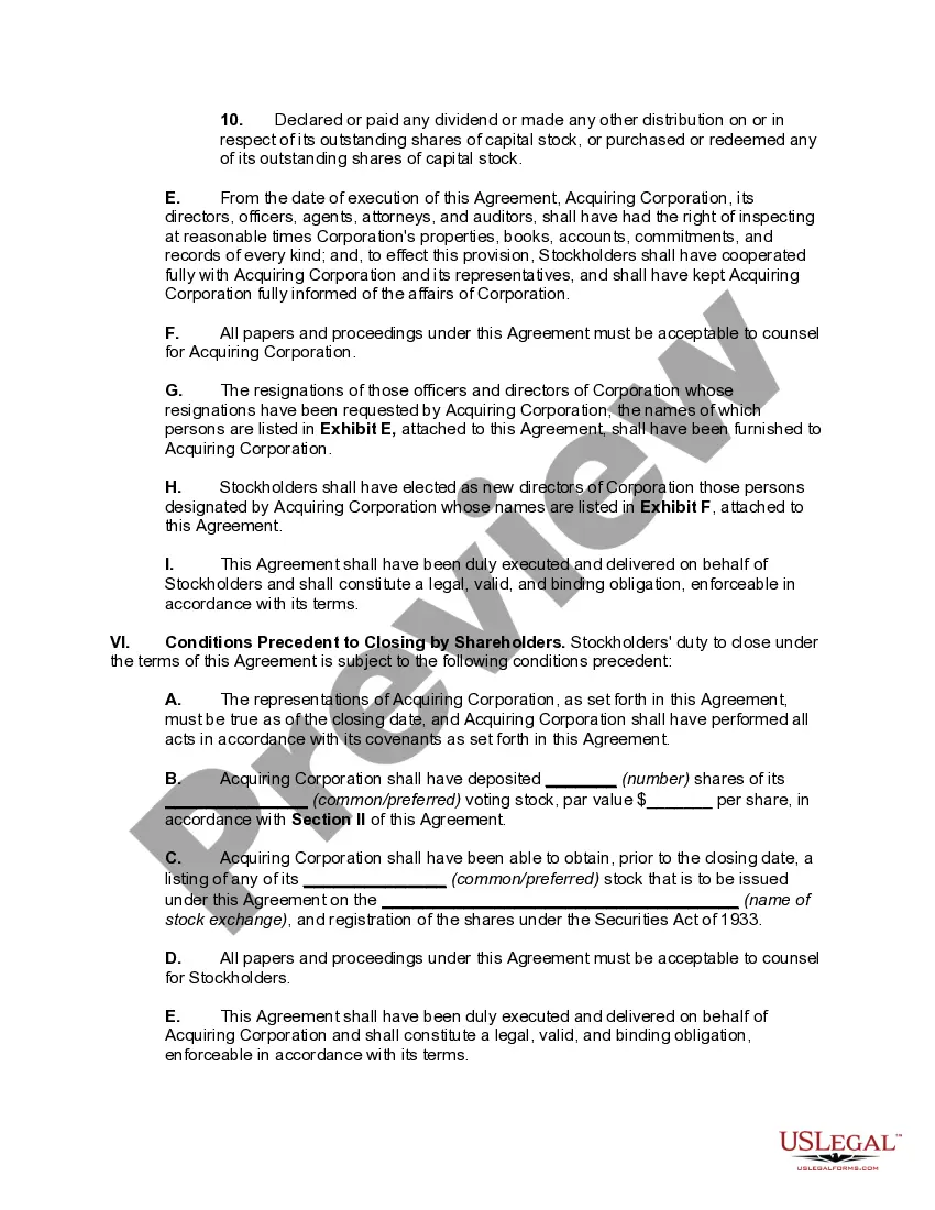 Get Agreement for the Transfer of Stock in Exchange for Voting Stock of Acquiring Corporation (Type B Reorganization) Preview Agreement for the Transfer of Stock in Exchange for Voting Stock of Acquiring Corporation (Type B Reorganization)