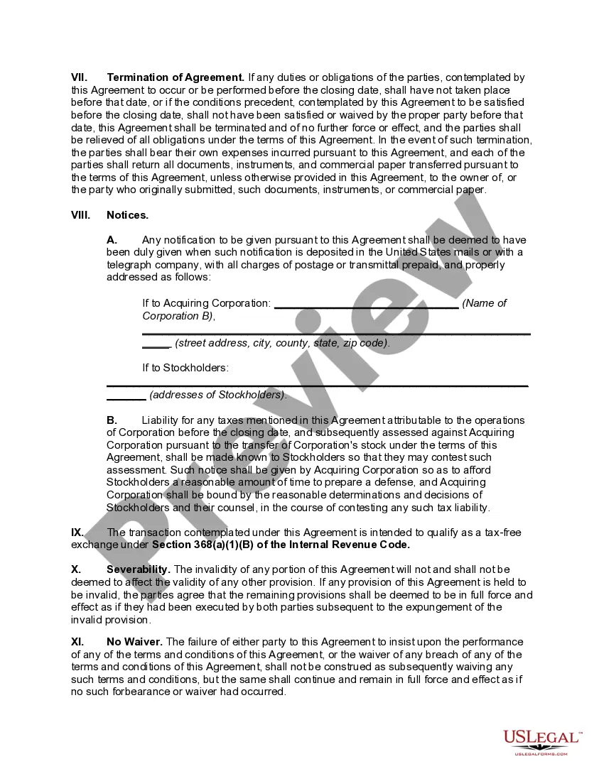 Get Agreement for the Transfer of Stock in Exchange for Voting Stock of Acquiring Corporation (Type B Reorganization) Preview Agreement for the Transfer of Stock in Exchange for Voting Stock of Acquiring Corporation (Type B Reorganization)