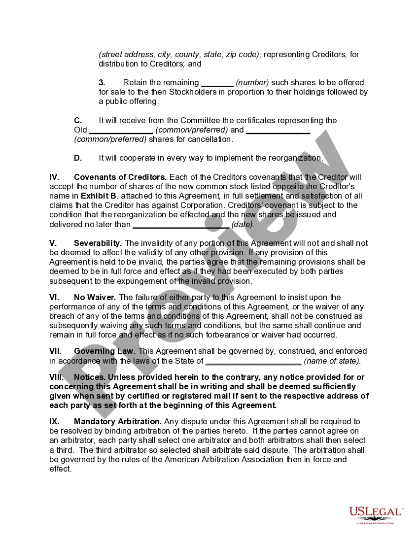 Preview Recapitalization Agreement with Issuance of New Shares to Creditors (Type E Reorganization)