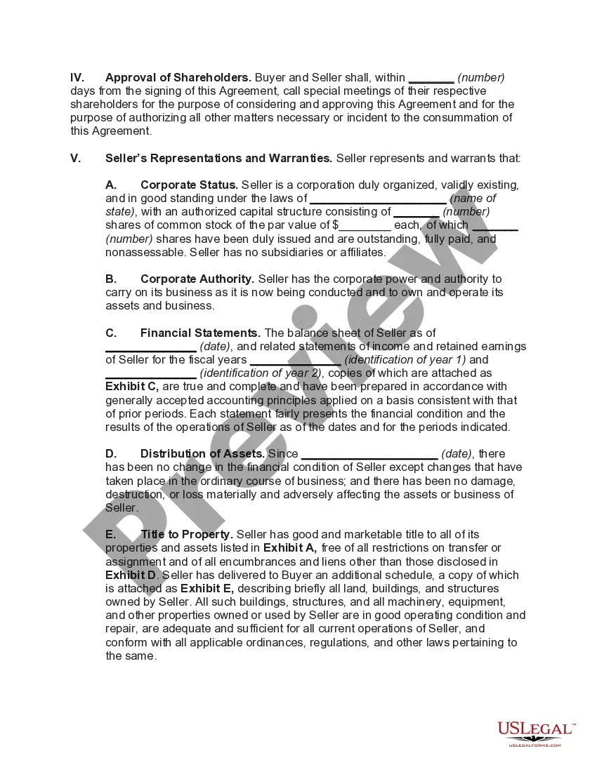 Preview Agreement for Acquisition of Corporate Assets in Exchange for Stock (Type C Reorganization)