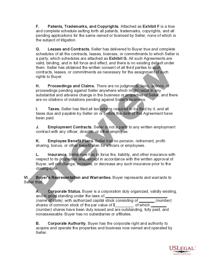 Preview Agreement for Acquisition of Corporate Assets in Exchange for Stock (Type C Reorganization)