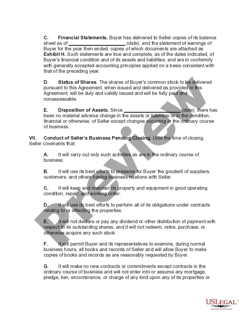Preview Agreement for Acquisition of Corporate Assets in Exchange for Stock (Type C Reorganization)