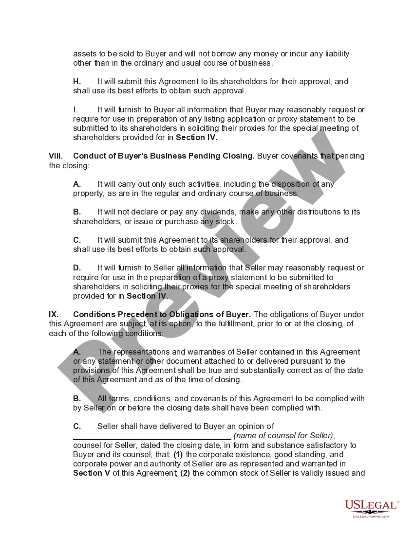 Preview Agreement for Acquisition of Corporate Assets in Exchange for Stock (Type C Reorganization)