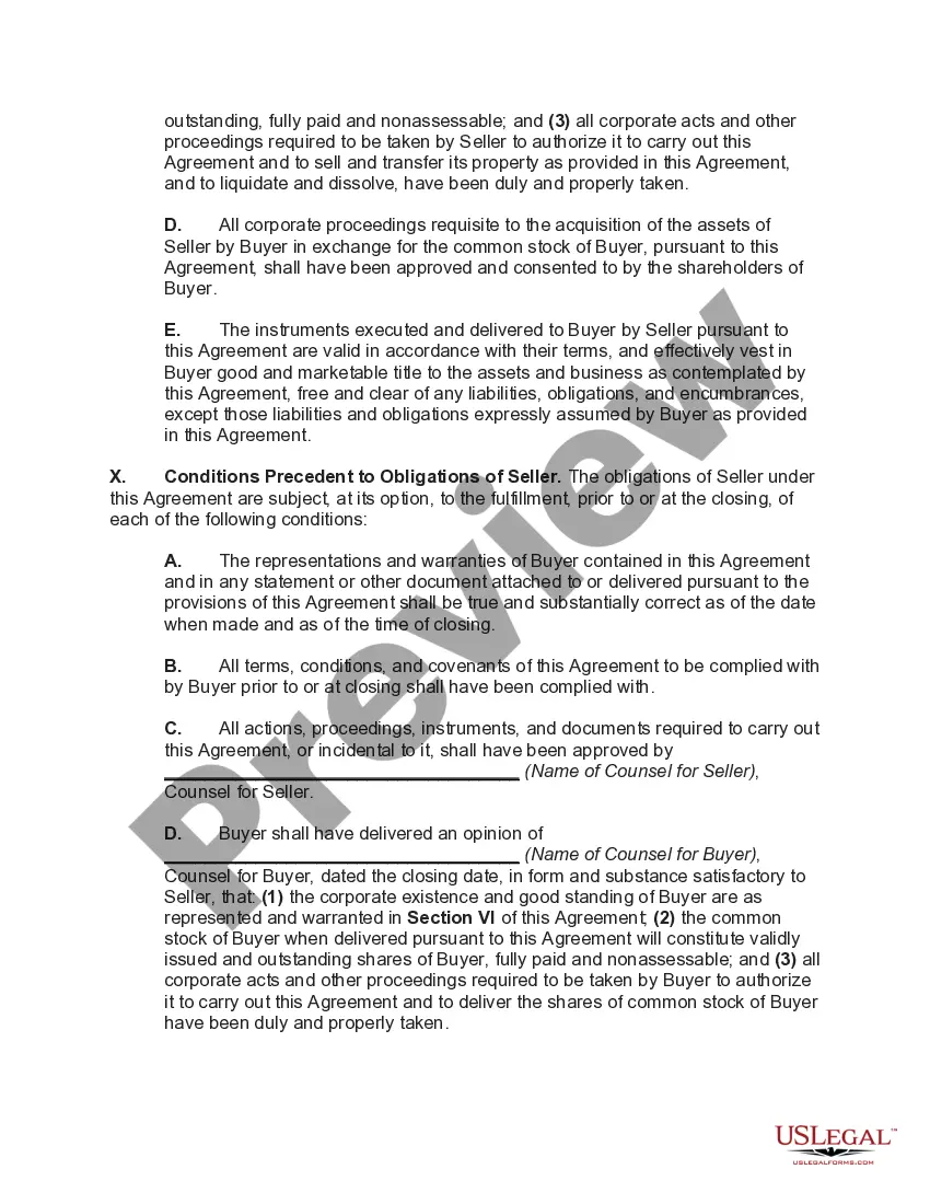 Preview Agreement for Acquisition of Corporate Assets in Exchange for Stock (Type C Reorganization)