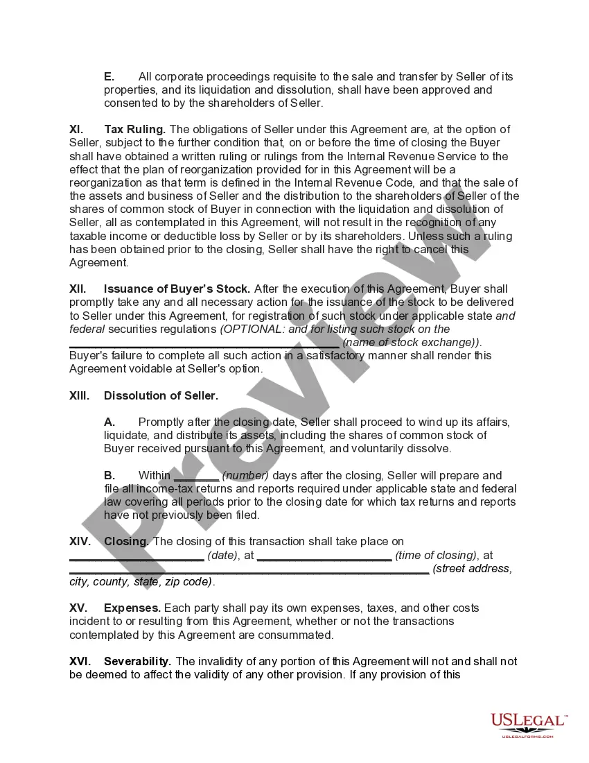 Preview Agreement for Acquisition of Corporate Assets in Exchange for Stock (Type C Reorganization)
