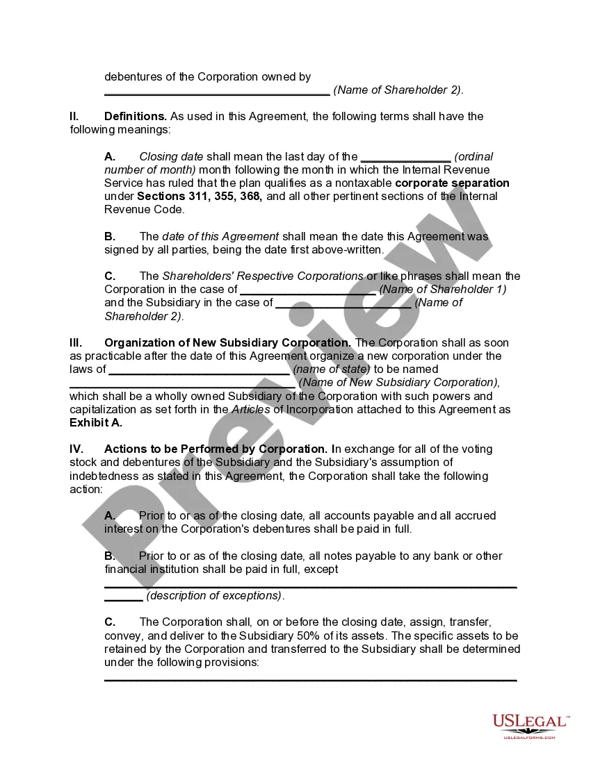 Get Agreement for the Transfer of Assets to New, Controlled Corporation (Type D Reorganization) -- Split-off Preview Agreement for the Transfer of Assets to New, Controlled Corporation (Type D Reorganization) -- Split-off