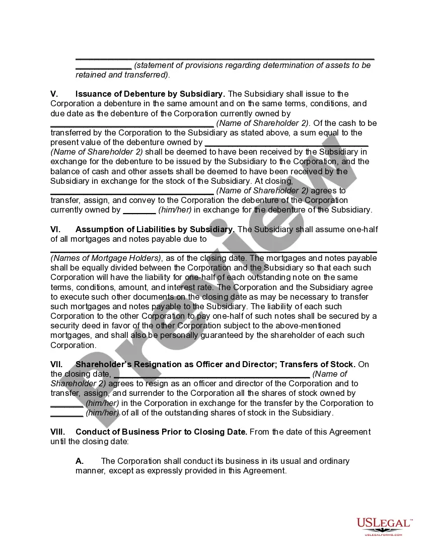 Get Agreement for the Transfer of Assets to New, Controlled Corporation (Type D Reorganization) -- Split-off Preview Agreement for the Transfer of Assets to New, Controlled Corporation (Type D Reorganization) -- Split-off