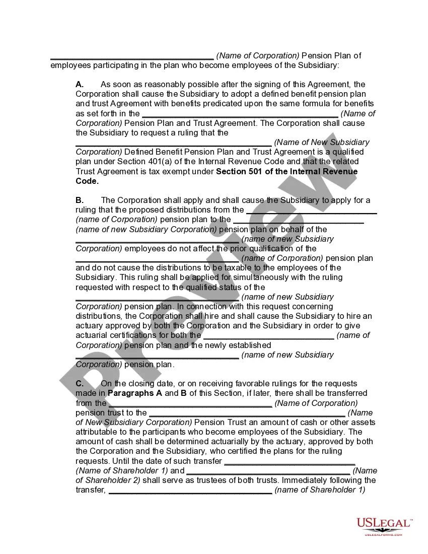 Get Agreement for the Transfer of Assets to New, Controlled Corporation (Type D Reorganization) -- Split-off Preview Agreement for the Transfer of Assets to New, Controlled Corporation (Type D Reorganization) -- Split-off