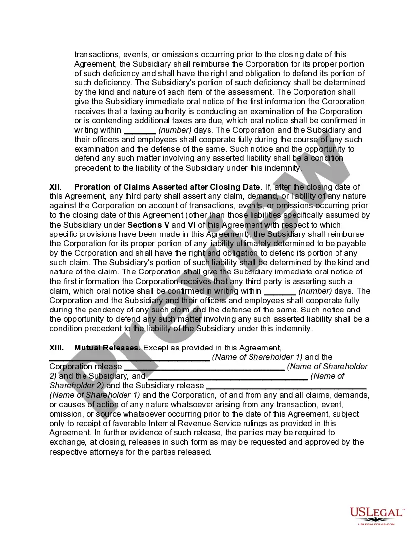 Get Agreement for the Transfer of Assets to New, Controlled Corporation (Type D Reorganization) -- Split-off Preview Agreement for the Transfer of Assets to New, Controlled Corporation (Type D Reorganization) -- Split-off