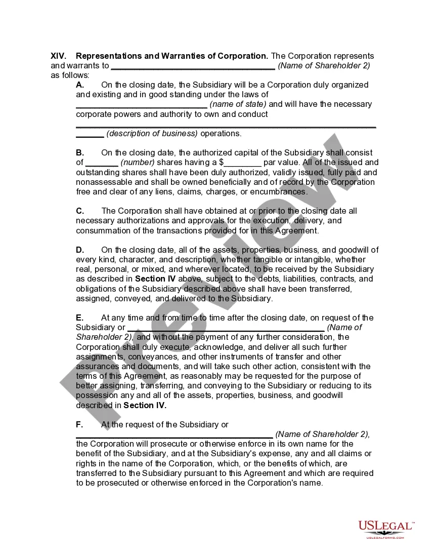 Get Agreement for the Transfer of Assets to New, Controlled Corporation (Type D Reorganization) -- Split-off Preview Agreement for the Transfer of Assets to New, Controlled Corporation (Type D Reorganization) -- Split-off