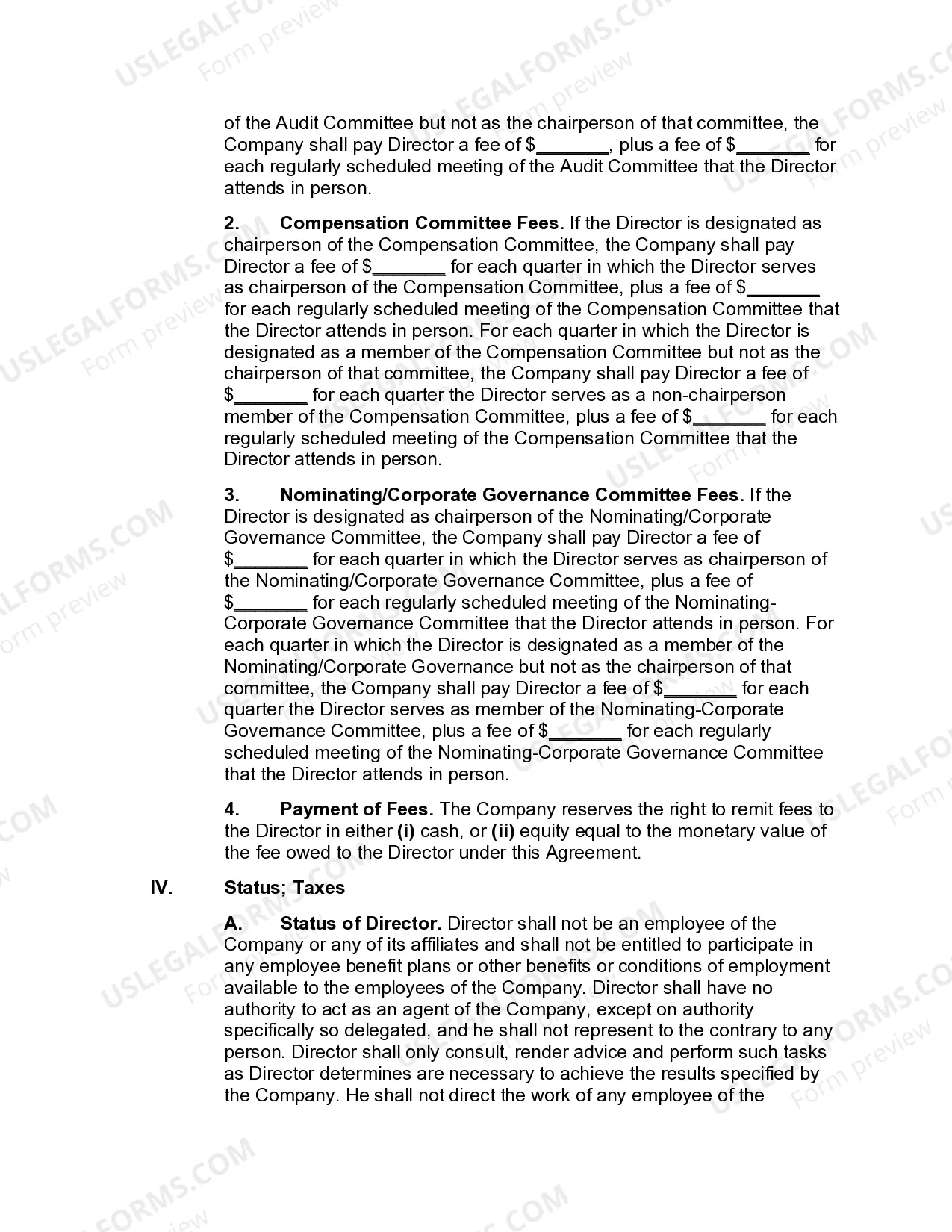 Preview Director's Fee Agreement