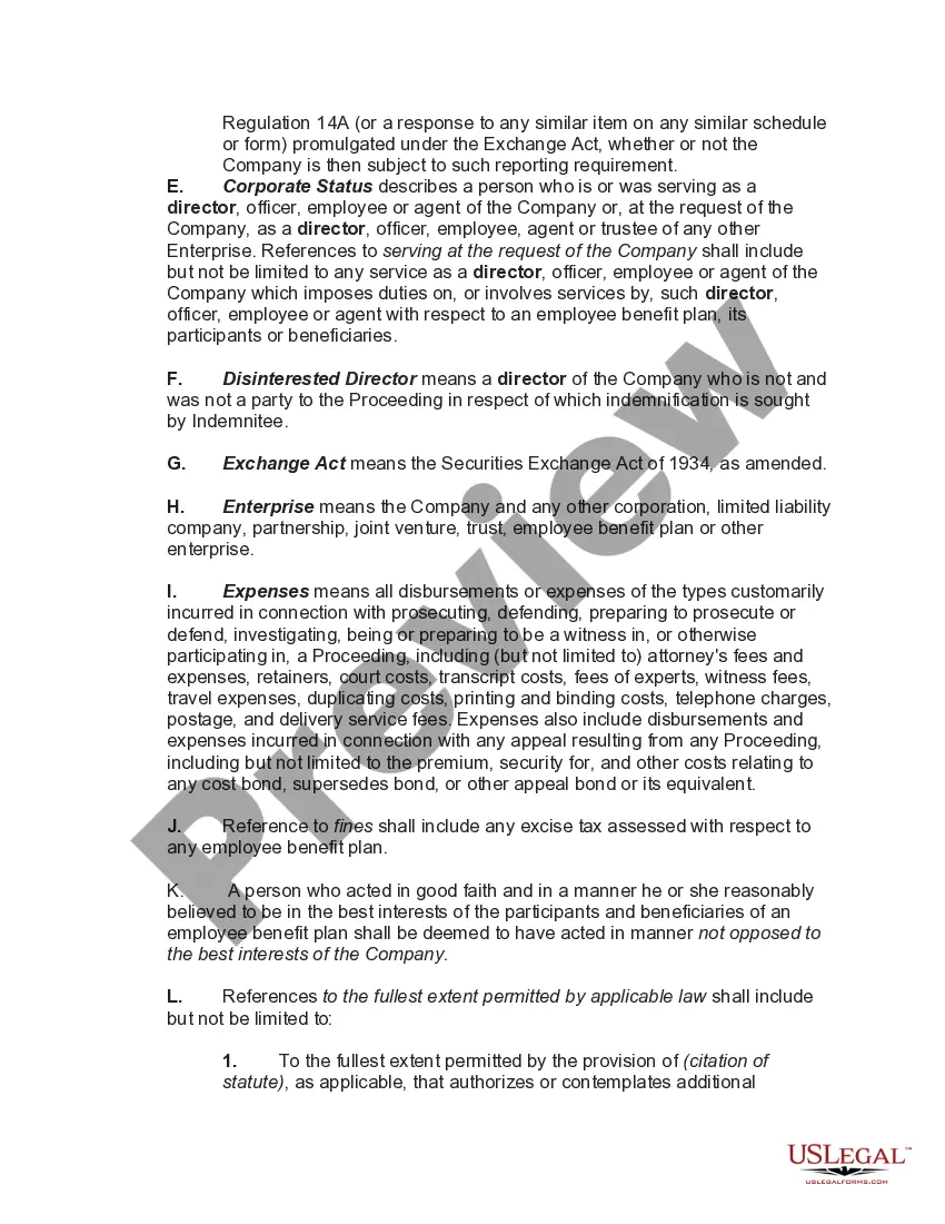 Preview Director's indemnification Agreement Regarding a Publicly Held Corporation