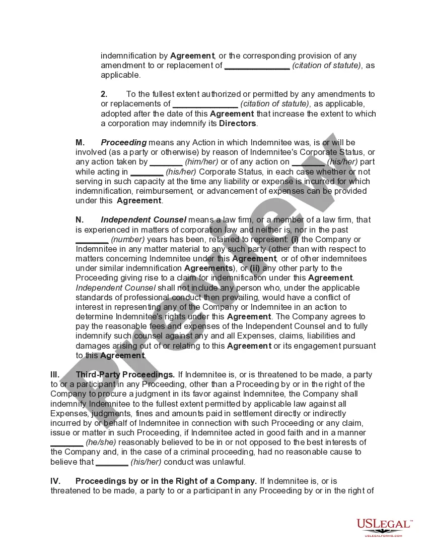 Preview Director's indemnification Agreement Regarding a Publicly Held Corporation