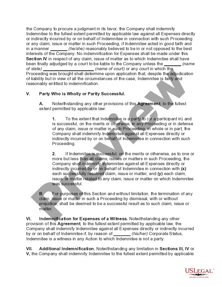 Preview Director's indemnification Agreement Regarding a Publicly Held Corporation