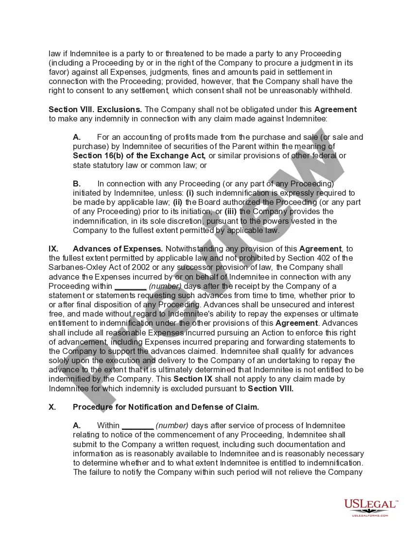 Preview Director's indemnification Agreement Regarding a Publicly Held Corporation