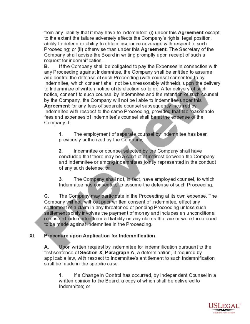 Preview Director's indemnification Agreement Regarding a Publicly Held Corporation