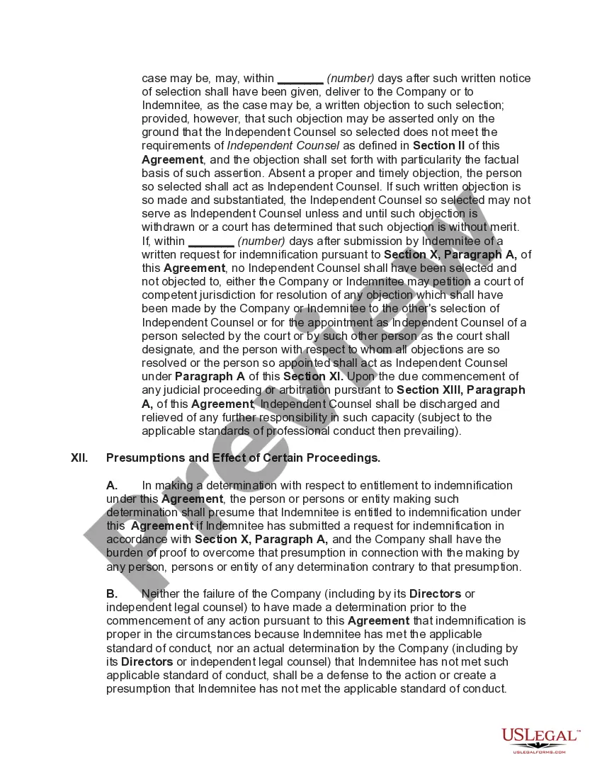 Preview Director's indemnification Agreement Regarding a Publicly Held Corporation