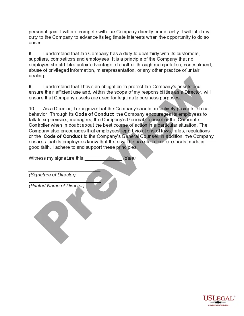 Get Certificate of Director or as to Adherence to Corporate Code of Conduct Preview Certificate of Director or as to Adherence to Corporate Code of Conduct
