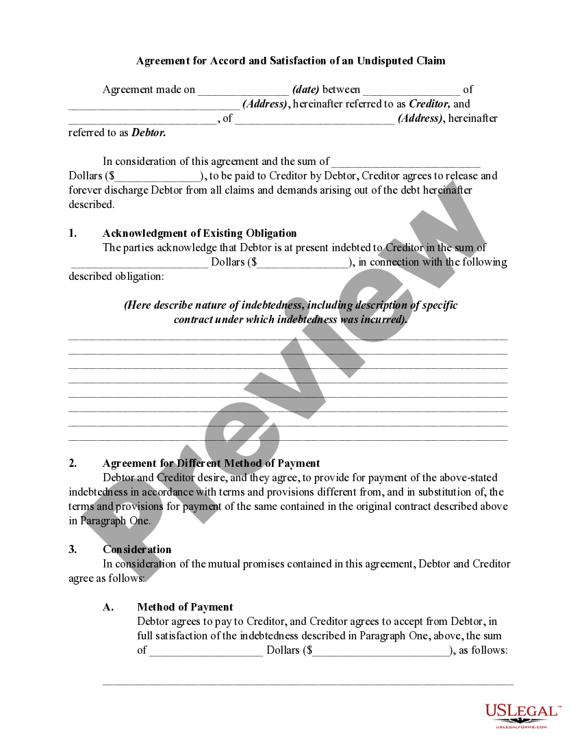 Agreement for Accord and Satisfaction of an Undisputed Claim US Legal