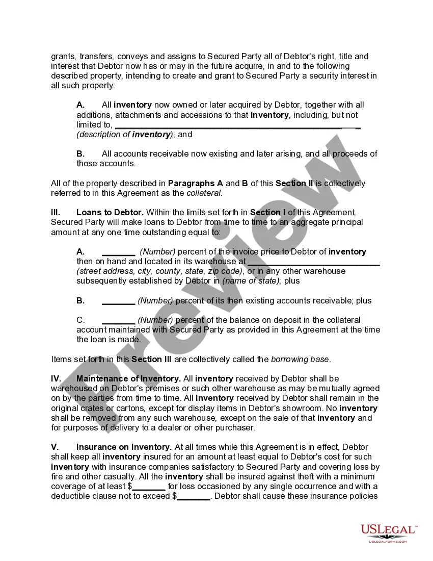 Get Security Agreement Covering Inventory and Accounts Receivable Securing a Line of Credit Preview Security Agreement Covering Inventory and Accounts Receivable Securing a Line of Credit