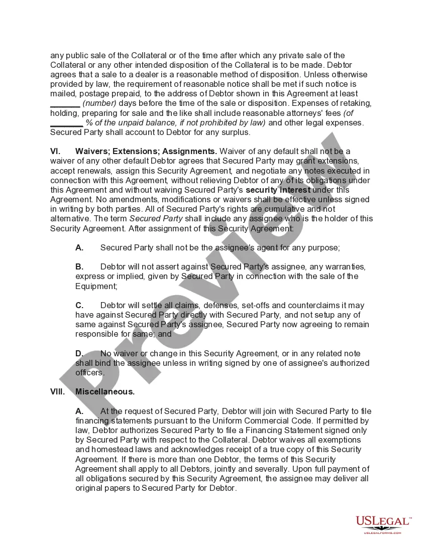 Preview Purchase Money Security Agreement in Equipment for Business or Commercial Use