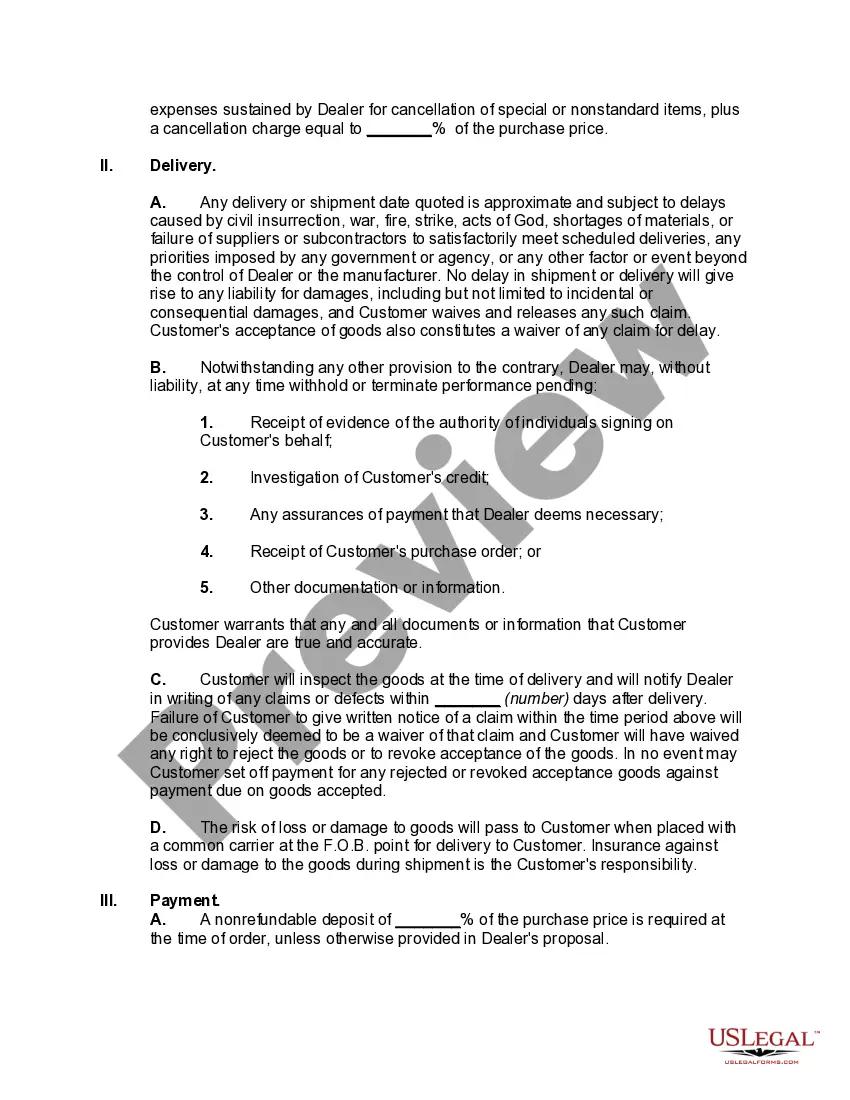 Preview Agreement for Sale of Goods Between Dealer and Customer with Purchase Money Security Interest