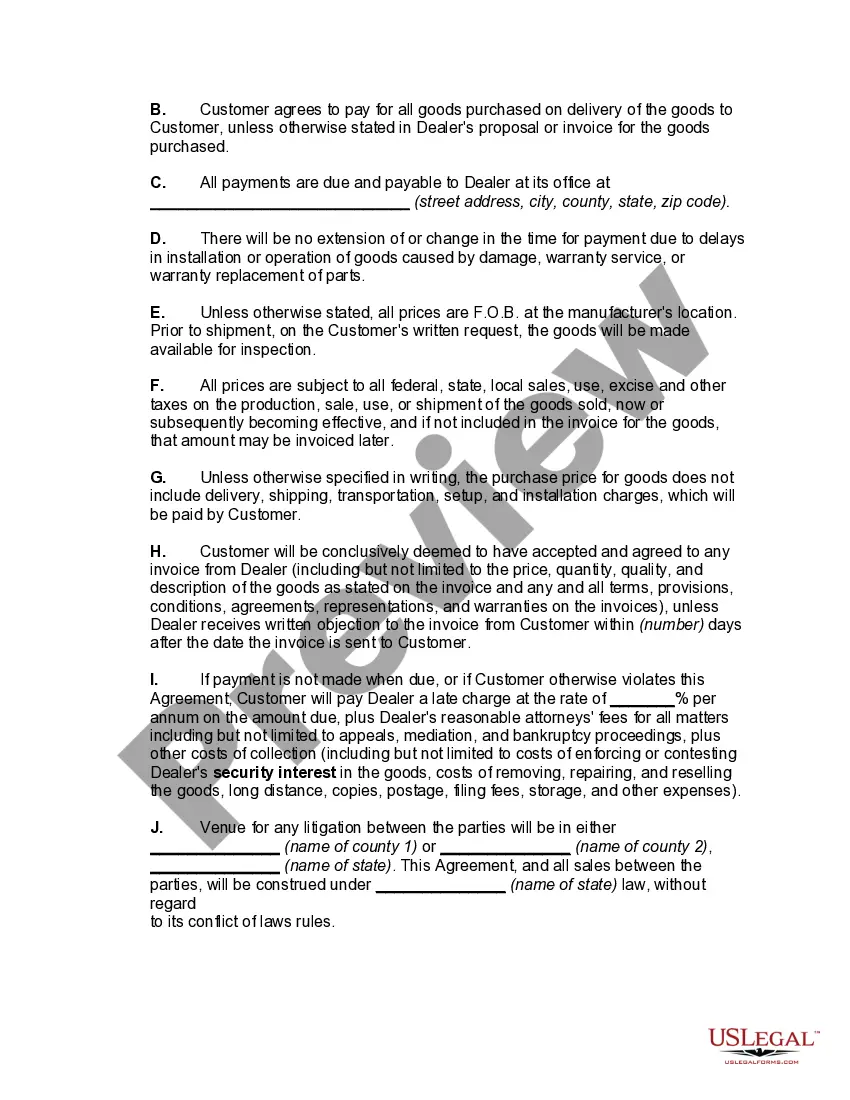 Preview Agreement for Sale of Goods Between Dealer and Customer with Purchase Money Security Interest