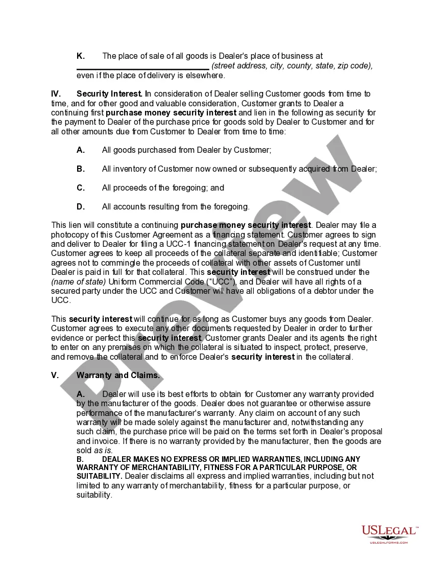 Preview Agreement for Sale of Goods Between Dealer and Customer with Purchase Money Security Interest