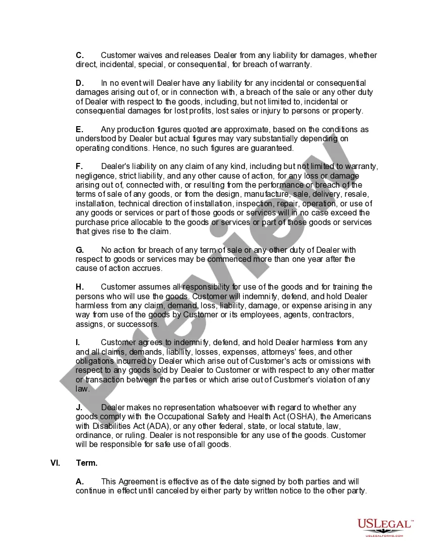 Preview Agreement for Sale of Goods Between Dealer and Customer with Purchase Money Security Interest