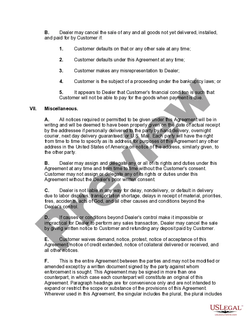 Preview Agreement for Sale of Goods Between Dealer and Customer with Purchase Money Security Interest